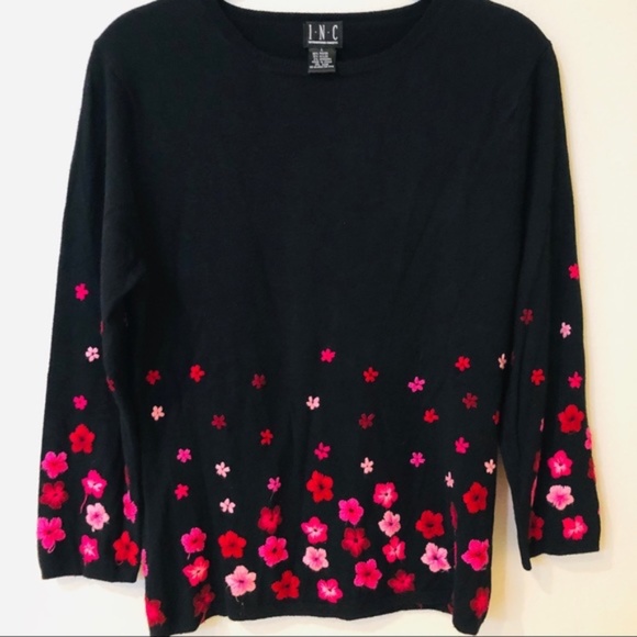 INC International Concepts Black Sweater w/ Embroidered Pink Flowers - Picture 1 of 6
